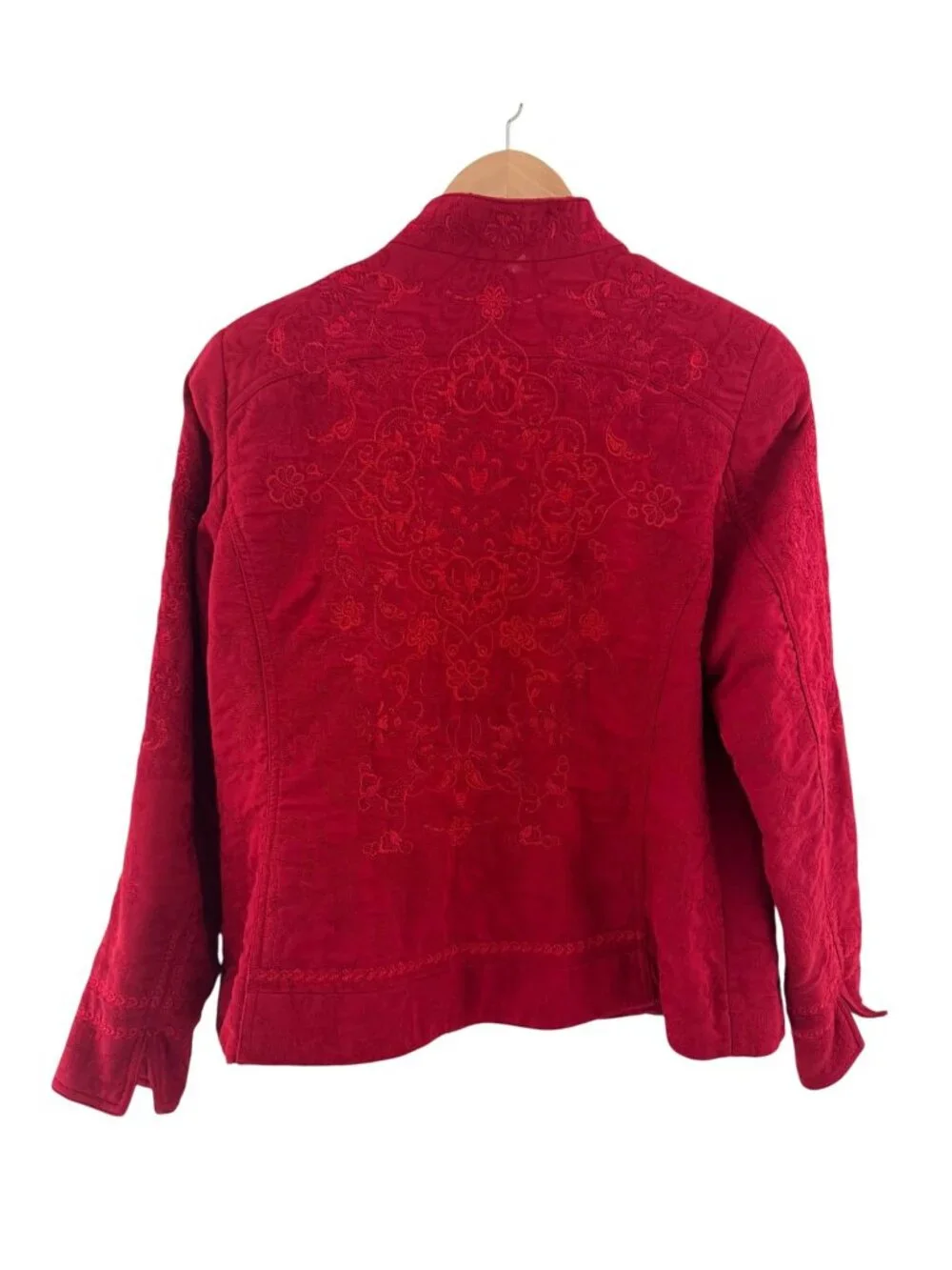 Coldwater Creek Red Jacquard Button Jacket Size 14 Blazer Pockets Coat Holiday